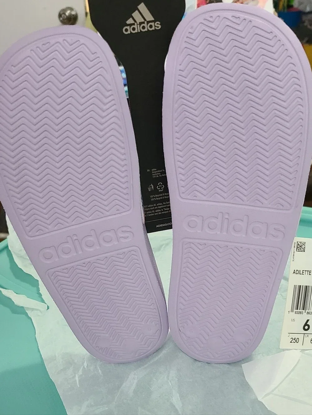 Adidas Big Kids Lilac Slides.. Multicolor Pattern and Neon Orange Logo*Authentic